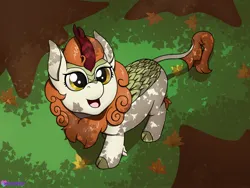 Size: 2400x1800 | Tagged: safe, artist:passionpanther, derpibooru import, autumn blaze, kirin, pony, autumn, autumn leaves, female, forest, image, jpeg, leaf, leaves, looking up, mare, solo, tree