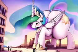 Size: 768x512 | Tagged: safe, derpibooru import, editor:giantpony, machine learning generated, novelai, stable diffusion, princess celestia, alicorn, pony, affection, blushing, butt, curious, estrus, female, giant pony, giantess, giantlestia, growth, height difference, huge butt, image, large butt, leaning forward, macro, macro/micro, macrolestia, png, squishy butt, story included, sunbutt, the ass was fat, thicc thighs, tiny humans, wide hips