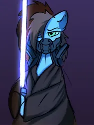 Size: 1500x2000 | Tagged: safe, artist:freak-side, derpibooru import, oc, unofficial characters only, pony, cloak, clothes, gas mask, image, jedi, jpeg, mask, simple background, solo, star wars, sword, weapon