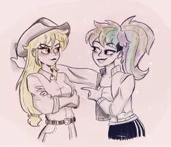 Size: 1465x1266 | Tagged: safe, artist:indigohatetrain, derpibooru import, applejack, rainbow dash, human, appledash, applejack's hat, clothes, cowboy hat, female, hat, image, jpeg, lesbian, shipping, sketch