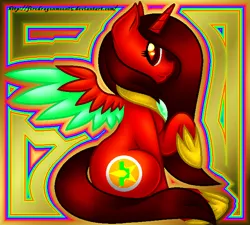 Size: 670x602 | Tagged: safe, artist:firedragonmoon15, derpibooru import, oc, oc:phoenix scarletruby, alicorn, pony, abstract background, brown mane, brown tail, colored wings, cutie mark, hoof shoes, image, jewelry, looking at you, mint wings, necklace, png, raised hoof, red coat, red wings, sitting, smiling, spread wings, tail, two toned wings, wings