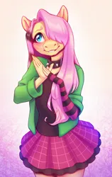 Size: 1526x2414 | Tagged: safe, artist:ritsuxz, derpibooru import, fluttershy, anthro, pegasus, blue eyes, blushing, clothes, collar, draw this in your style, ears, emo, emoshy, evening gloves, eyebrows, eyelashes, female, fingerless elbow gloves, fingerless gloves, gloves, hair over one eye, image, jpeg, long gloves, nostrils, rolled up sleeves, skirt, smiling, snout, solo, spiked collar, striped gloves