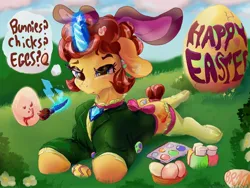 Size: 3200x2400 | Tagged: safe, artist:brovia6, derpibooru import, oc, oc:cowbellica, pony, clothes, easter, easter egg, female, happy easter, holiday, image, jpeg, magic, mare, solo, telekinesis