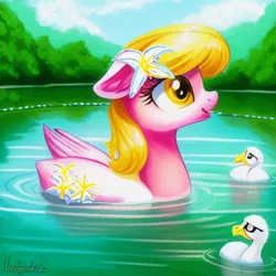 Size: 512x512 | Tagged: safe, derpibooru import, machine learning generated, stable diffusion, lily, lily valley, bird, duck, duck pony, hybrid, original species, pony, beautiful, cute, image, lake, lilybetes, png, pony hybrid, solo, sunglasses, swimming, water