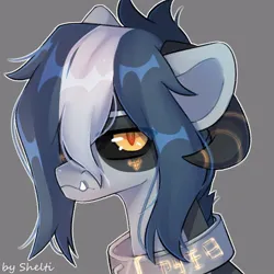 Size: 1000x1000 | Tagged: safe, artist:shelti, derpibooru import, oc, unofficial characters only, pony, bust, collar, colored pupils, colored sclera, commission, fangs, gray background, hair over one eye, horns, image, jpeg, male, simple background, slit pupils, solo, stallion, underbite