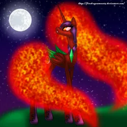 Size: 800x800 | Tagged: safe, artist:firedragonmoon15, derpibooru import, oc, oc:nightmare phoenix, alicorn, pony, colored wings, green wings, helmet, hoof shoes, image, jewelry, looking at the moon, looking at the sky, mane of fire, moon, necklace, night, night sky, png, red coat, red wings, sky, standing, tail, tail of fire, two toned wings, wings