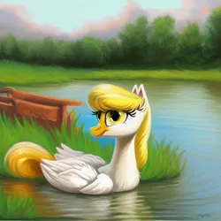 Size: 512x512 | Tagged: safe, derpibooru import, machine learning generated, stable diffusion, lily, lily valley, bird, duck, duck pony, hybrid, original species, pony, image, lake, png, pony hybrid, solo, swimming, water