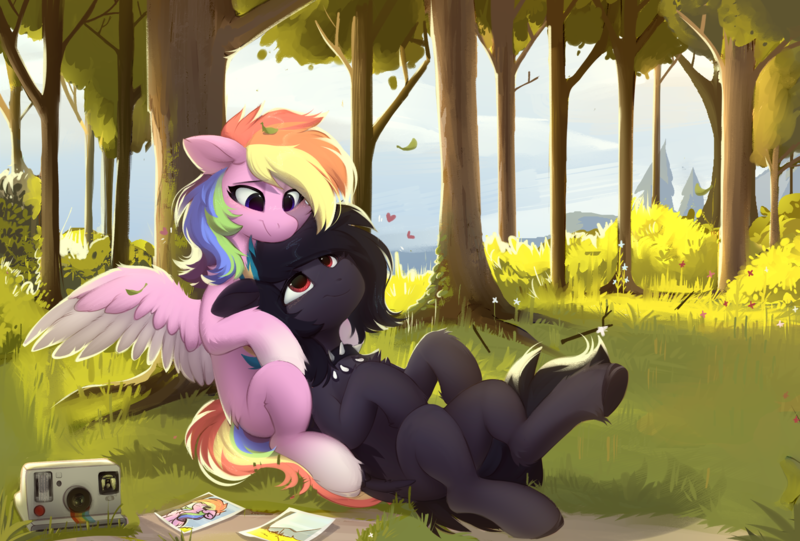 Size: 2304x1558 | Tagged: safe, artist:little-sketches, derpibooru import, oc, oc:aurora codec, oc:masashi, unofficial characters only, pegasus, pony, camera, choker, colored wings, colored wingtips, cuddling, female, forest, gradient hooves, heart, image, looking at each other, looking at someone, lying down, male, mare, multicolored hair, oc x oc, pegasus oc, photo, png, polaroid, rainbow hair, shipping, spiked choker, stallion, story included, tree, wings