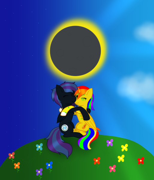 Size: 3000x3500 | Tagged: safe, artist:starfire dream, derpibooru import, oc, oc:grace seraph, oc:starfire dream, alicorn, pegasus, alicorn oc, eclipse, horn, hug, image, oc x oc, pegasus oc, png, shipping, snuggling, solar eclipse, wings