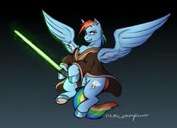 Size: 2000x1450 | Tagged: safe, artist:neon_vampurr, derpibooru import, rainbow dash, pegasus, pony, clothes, female, image, jpeg, lightsaber, mare, robe, solo, star wars, weapon