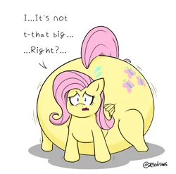 Size: 1449x1429 | Tagged: suggestive, artist:jel-e, artist:jeledraws, derpibooru import, fluttershy, pegasus, pony, both cutie marks, bottom heavy, butt, butt expansion, dialogue, emanata, female, flutterbutt, growth, huge butt, hyper, hyper butt, image, impossibly large butt, large butt, looking at you, plewds, png, simple background, solo, talking to viewer, wavy mouth, white background