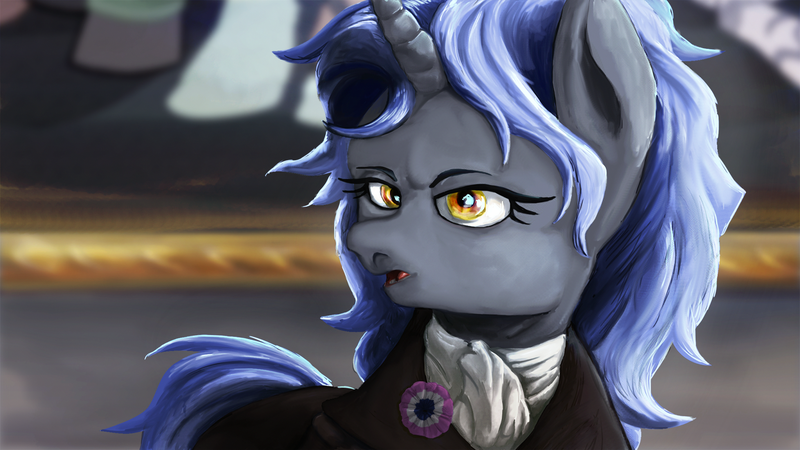 Size: 1778x1000 | Tagged: safe, artist:aaronmk, derpibooru import, oc, oc:homage, fallout equestria, blurry background, clothes, cockade, cravat, image, looking at you, png