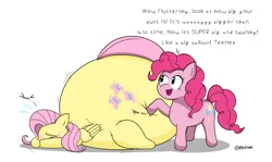 Size: 2984x1784 | Tagged: suggestive, artist:jel-e, artist:jeledraws, derpibooru import, fluttershy, pinkie pie, earth pony, pegasus, pony, blushing, bottom heavy, butt, butt expansion, butt touch, covering face, dialogue, duo, emanata, embarrassed, female, females only, flutterbutt, growth, hoof on butt, huge butt, hyper, hyper butt, image, impossibly large butt, large butt, plewds, png, simple background, squishy, sweat, sweatdrops, the ass was fat, wavy mouth, white background