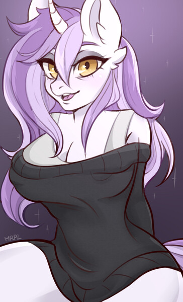 Size: 1494x2466 | Tagged: suggestive, artist:marplecat, derpibooru import, oc, anthro, unicorn, arm behind back, breasts, cleavage, clothes, curved horn, ear fluff, ears, erect nipples, eyebrows, eyelashes, eyeliner, female, female oc, golden eyes, horn, image, jpeg, looking at you, makeup, multicolored hair, nipple outline, nostrils, off shoulder, off shoulder sweater, open mouth, sitting, sleeveless, snout, solo, spread legs, spreading, sweater, tail, tanktop, thighs, unicorn horn, unicorn oc, wavy hair