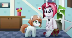 Size: 1000x533 | Tagged: safe, artist:jhayarr23, derpibooru import, cayenne, oc, pony, unicorn, commission, doctor's office, duo, duo female, female, heart, image, jpeg, looking at each other, looking at someone, magic, mare, sitting, smiling, speech bubble, stethoscope, stool, telekinesis