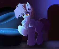 Size: 3000x2500 | Tagged: safe, artist:mysha, derpibooru import, oc, oc:brushed light, unofficial characters only, earth pony, pony, blackout lenses, contact lens, ear plugs, earth pony oc, female, image, mare, png, sensory deprivation