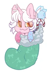 Size: 1709x2556 | Tagged: safe, artist:skuttz, derpibooru import, oc, unofficial characters only, pony, unicorn, :3, bow, candy, candy cane, chibi, christmas, christmas stocking, food, hair bow, holiday, image, jpeg, looking at you, smiling, solo