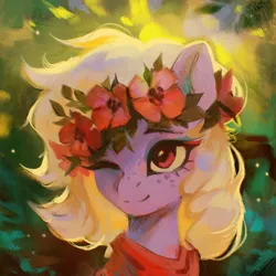 Size: 2500x2500 | Tagged: safe, artist:dearmary, derpibooru import, oc, unofficial characters only, pony, female, floral head wreath, flower, flower in hair, freckles, image, mare, one eye closed, png, solo