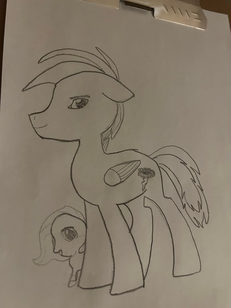 Size: 3024x4032 | Tagged: safe, artist:brisk bronco, derpibooru import, oc, oc:jetflight neon, unofficial characters only, pegasus, pony, derpibooru exclusive, father and child, father and daughter, female, filly, floppy ears, foal, image, jpeg, lineart, male, photo, stallion, traditional art