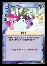 Size: 344x480 | Tagged: safe, derpibooru import, applejack, pinkie pie, rarity, twilight sparkle, tanks for the memories, ccg, enterplay, equestrian odysseys, image, jpeg, merchandise, snow