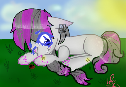 Size: 430x298 | Tagged: safe, artist:magicangelstarartist, derpibooru import, oc, unofficial characters only, earth pony, pony, ear piercing, earring, female, grass, grass field, image, jewelry, lying down, mare, piercing, png, prone, solo, sun