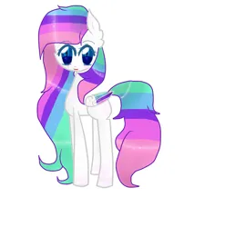 Size: 888x900 | Tagged: safe, artist:magicangelstarartist, derpibooru import, oc, unofficial characters only, pony, colored wings, female, image, jpeg, long neck, looking at you, mare, multicolored hair, multicolored wings, sideview, simple background, solo, wings