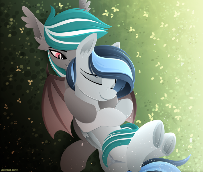 Size: 2363x2000 | Tagged: safe, artist:andaluce, derpibooru import, oc, oc:haze northfleet, oc:malachite cluster, unofficial characters only, bat pony, pegasus, pony, cuddling, cute, ear fluff, eyes closed, female, image, lineless, mare, png