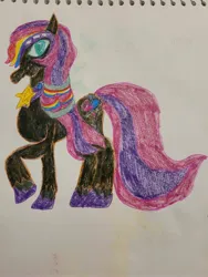 Size: 3024x4032 | Tagged: safe, artist:mintwhistle, derpibooru import, nightmare moon, sunny starscout, earth pony, pony, armor, clothes, coat markings, colored pencil drawing, cosplay, costume, derpibooru exclusive, ethereal mane, ethereal tail, female, g4, g5, g5 to g4, generation leap, hairband, helmet, hilarious in hindsight, hoof shoes, image, jpeg, looking at you, mare, multicolored hair, nightmare moon armor, nightmare night costume, nightmare sunny, nightmarified, old art, peytral, raised hoof, sketchbook, smiling, smiling at you, socks (coat marking), solo, standing, starry eyes, starry mane, tail, traditional art, wingding eyes