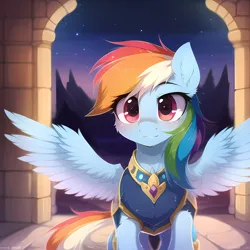 Size: 2560x2560 | Tagged: safe, derpibooru import, machine learning generated, novelai, stable diffusion, rainbow dash, pegasus, pony, armor, armored pony, female, image, looking at you, mare, offscreen character, png, pov, solo, solo female, spread wings, wings