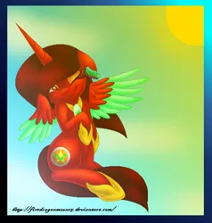 Size: 522x549 | Tagged: safe, artist:firedragonmoon15, derpibooru import, oc, oc:phoenix scarletruby, alicorn, butterfly, insect, pony, brown mane, brown tail, colored wings, cutie mark, gradient background, hoof shoes, image, jewelry, looking at something, lowres, mint wings, necklace, one eye closed, png, red coat, red wings, sitting, smiling, spread wings, sun, tail, two toned wings, wings