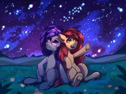 Size: 2000x1500 | Tagged: safe, artist:freak-side, derpibooru import, oc, oc:gray summit, oc:july vortex, unofficial characters only, earth pony, pegasus, pony, field, frog (hoof), glasses, image, jpeg, looking up, night, smiling, stars, underhoof