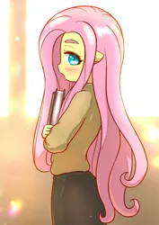 Size: 2508x3541 | Tagged: safe, artist:sigpi, derpibooru import, fluttershy, anthro, pegasus, aside glance, blushing, clothes, image, jpeg, looking at you, sideways glance, solo