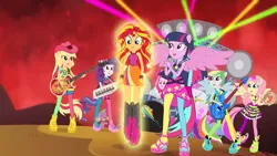 Size: 1920x1080 | Tagged: safe, derpibooru import, screencap, applejack, fluttershy, pinkie pie, rainbow dash, rarity, sunset shimmer, twilight sparkle, equestria girls, rainbow rocks, bare shoulders, clothes, female, image, jpeg, sleeveless, solo