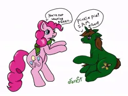 Size: 800x600 | Tagged: safe, artist:forestgump, derpibooru import, pinkie pie, pony, unicorn, bipedal, clothes, dialogue, green pony, holiday, image, jpeg, pinkie being pinkie, saint patrick's day, scarf, simple background, sitting, speech bubble, text, white background