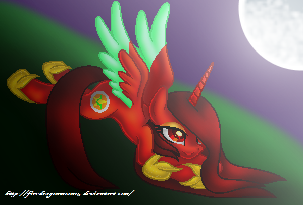 Size: 600x406 | Tagged: safe, artist:firedragonmoon15, derpibooru import, oc, oc:phoenix scarletruby, alicorn, pony, brown mane, brown tail, colored wings, crossed hooves, cutie mark, image, jewelry, looking at the moon, lowres, lying, mint wings, moon, moongazing, necklace, png, red coat, red wings, smiling, spread wings, tail, two toned wings, wings