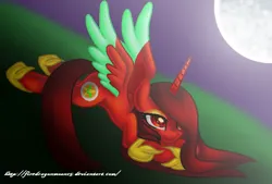 Size: 600x406 | Tagged: safe, artist:firedragonmoon15, derpibooru import, oc, oc:phoenix scarletruby, alicorn, pony, brown mane, brown tail, colored wings, crossed hooves, cutie mark, image, jewelry, looking at the moon, lowres, lying, mint wings, moon, moongazing, necklace, png, red coat, red wings, smiling, spread wings, tail, two toned wings, wings