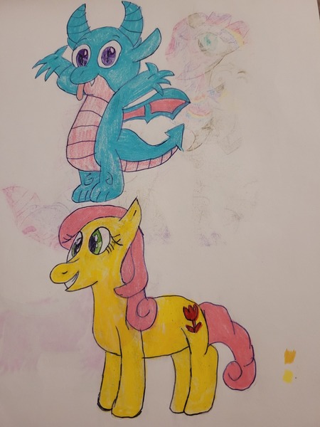 Size: 3024x4032 | Tagged: safe, artist:mintwhistle, derpibooru import, posey (g5), sparky sparkeroni, dragon, earth pony, pony, alternate design, colored pencil drawing, derpibooru exclusive, duo, duo male and female, fangs, female, g4, g5, g5 to g4, generation leap, grin, image, jpeg, male, mare, mini world magic, old art, older, older sparky sparkeroni, outstretched arms, sketchbook, smiling, tongue out, toy interpretation, traditional art