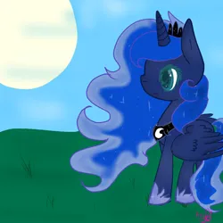 Size: 768x768 | Tagged: safe, artist:magicangelstarartist, derpibooru import, clear sky, princess luna, alicorn, pony, female, grass, grass field, image, mare, png, side view, simple background, smiling, solo