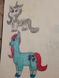 Size: 3024x4032 | Tagged: safe, artist:mintwhistle, derpibooru import, cha cha, princess silver swirl, llama, pony, unicorn, colored pencil drawing, derpibooru exclusive, duo, duo female, female, fluffy, g1, g1 to g5, g2, g2 to g5, g5, generation leap, image, jpeg, mare, old art, open mouth, open smile, silver hooves, sketchbook, smiling, standing, traditional art, unshorn fetlocks