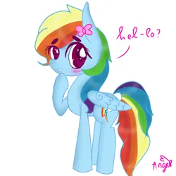 Size: 768x768 | Tagged: safe, artist:magicangelstarartist, derpibooru import, rainbow dash, pegasus, pony, blushing, bow, female, image, mare, png, side view, simple background, solo, text