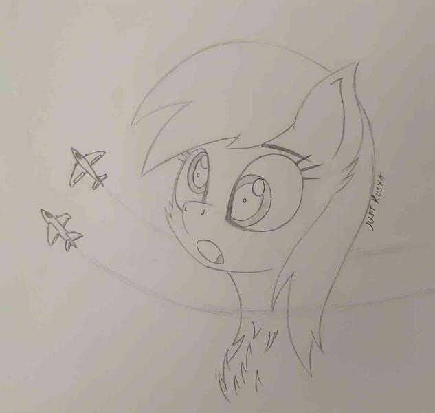 Size: 1187x1125 | Tagged: safe, artist:just rusya, derpibooru import, derpy hooves, pegasus, bust, chest fluff, image, jet, jet fighter, jpeg, macro, monochrome, open mouth, pencil drawing, plane, portrait, solo, traditional art