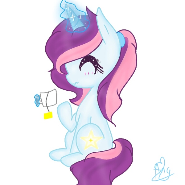 Size: 768x768 | Tagged: safe, artist:magicangelstarartist, derpibooru import, oc, unofficial characters only, pony, unicorn, cup, female, food, glow, glowing horn, horn, image, jpeg, levitation, magic, mare, multicolored hair, simple background, solo, tea, teacup, telekinesis