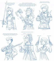 Size: 1067x1200 | Tagged: safe, artist:evelili, derpibooru import, applejack, fluttershy, pinkie pie, rainbow dash, rarity, twilight sparkle, human, clothes, gun, humanized, image, jpeg, knife, mane six, monochrome, smiling, sword, text, weapon