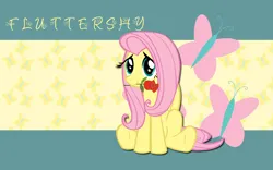 Size: 2560x1600 | Tagged: safe, artist:alicehumansacrifice0, artist:lvgcombine, artist:ooklah, derpibooru import, edit, fluttershy, pegasus, pony, cutie mark, cutie mark background, female, flower, image, mare, name, png, rose, sitting, smiling, solo, wallpaper, wallpaper edit