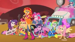 Size: 1920x1080 | Tagged: safe, derpibooru import, screencap, applejack, fluttershy, pinkie pie, rainbow dash, rarity, sunset shimmer, twilight sparkle, equestria girls, rainbow rocks, bare shoulders, clothes, female, image, jpeg, sleeveless, solo