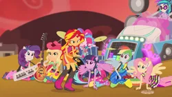 Size: 1920x1080 | Tagged: safe, derpibooru import, screencap, applejack, fluttershy, pinkie pie, rainbow dash, rarity, sunset shimmer, twilight sparkle, equestria girls, rainbow rocks, bare shoulders, clothes, female, image, jpeg, sleeveless, solo