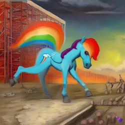 Size: 512x512 | Tagged: safe, derpibooru import, machine learning generated, purplesmart.ai, stable diffusion, rainbow dash, pegasus, pony, building, cloud, colored hooves, construction, constructionism, dark clouds, factory, hoers, image, jpeg, log, modern art, raised hoof, scaffold, scaffolding, sunrise, wings