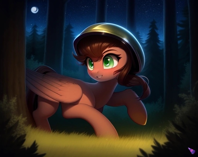 Size: 768x608 | Tagged: safe, derpibooru import, machine learning generated, purplesmart.ai, stable diffusion, oc, oc:leafhelm, pegasus, pony, dark forest, helmet, image, jpeg