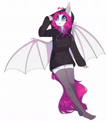 Size: 951x1080 | Tagged: safe, artist:medich, derpibooru import, oc, unofficial characters only, anthro, bat pony, bat pony oc, bat wings, clothes, fangs, image, jpeg, looking up, simple background, solo, white background, winged anthro, wings