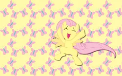 Size: 2560x1600 | Tagged: safe, artist:alicehumansacrifice0, artist:mihaaaa, artist:ooklah, derpibooru import, edit, fluttershy, pegasus, pony, cutie mark, cutie mark background, eyes closed, female, happy, image, jumping, mare, open mouth, open smile, png, smiling, solo, spread wings, wallpaper, wallpaper edit, wings